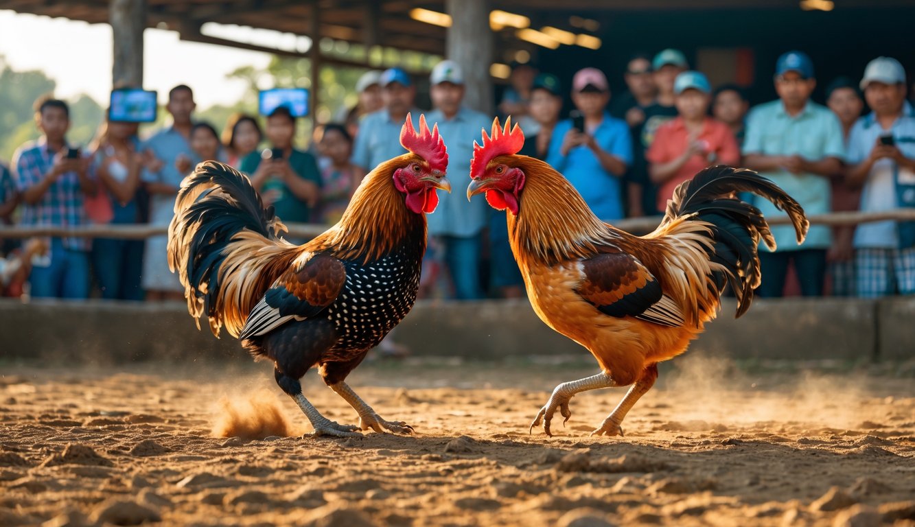 Dua ayam aduan sedang bertarung di arena terbuka dengan penonton yang menyaksikan dan beberapa orang memegang ponsel untuk merekam.