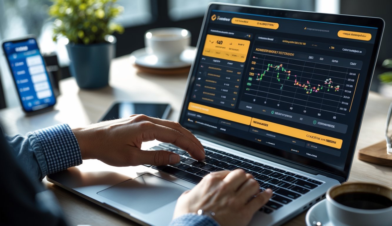 Seorang pengguna sedang menggunakan laptop dengan tampilan antarmuka taruhan online sabung ayam yang menunjukkan pembaruan langsung dan opsi deposit minimal.