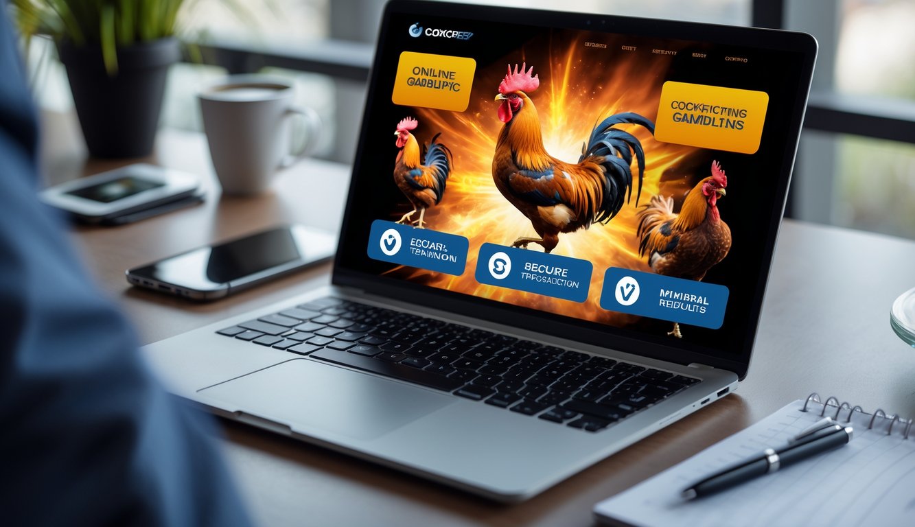 Sebuah meja kerja modern dengan laptop yang menampilkan grafik ayam aduan dan ikon transaksi aman, dikelilingi oleh smartphone, cangkir kopi, dan buku catatan.