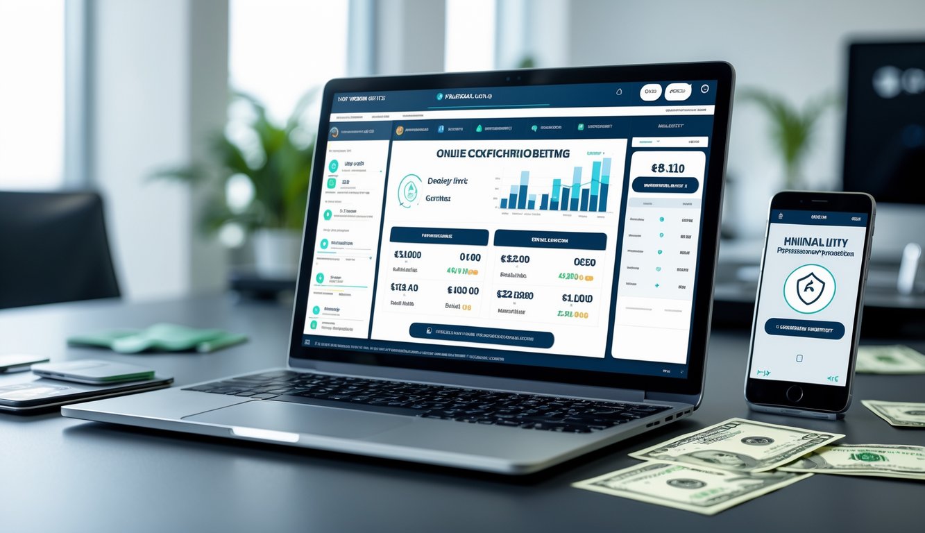 Sebuah laptop di meja kerja menampilkan platform sabung ayam online resmi dengan alat pembayaran dan suasana kantor yang terang.