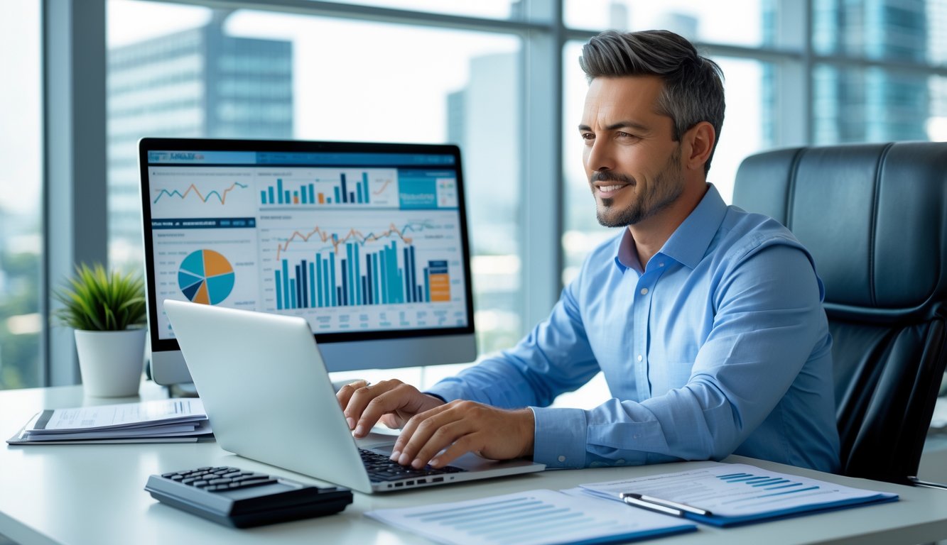 Seorang pria duduk di meja kantor dengan laptop dan alat tulis, fokus menganalisis grafik keuangan untuk strategi investasi.