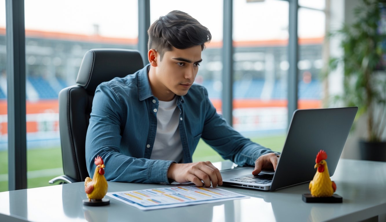 Seorang pria muda sedang duduk di meja dengan laptop, fokus menganalisis data taruhan sabung ayam.
