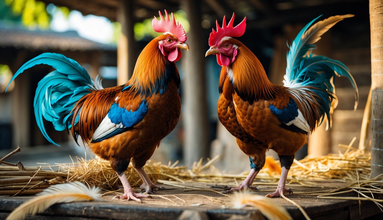 Dua ayam jago berdiri di atas permukaan kayu dengan latar belakang suasana desa tradisional Indonesia.