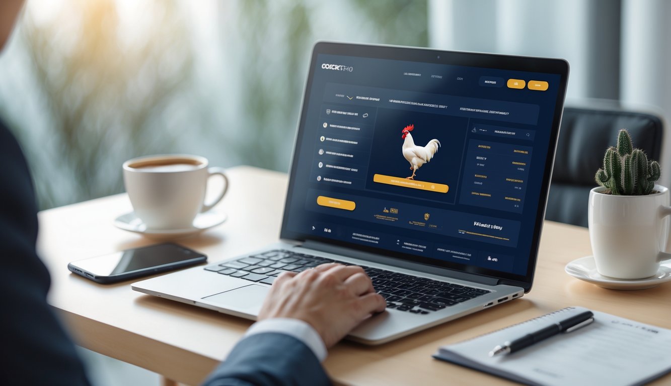 Seorang pria menggunakan laptop di meja kerja dengan layar menampilkan situs taruhan online yang aman dan terpercaya.