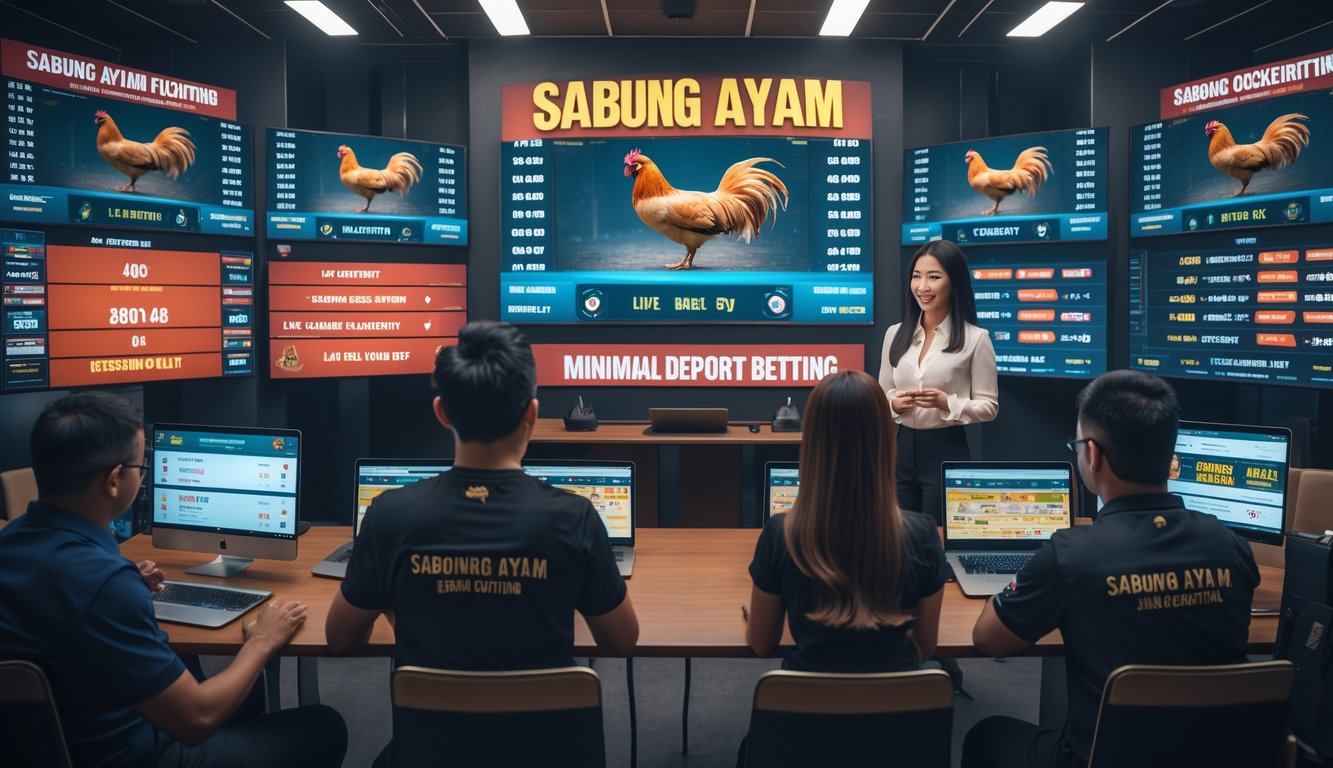 Orang-orang sedang menyiarkan langsung pertandingan sabung ayam dengan layar yang menampilkan hasil dan taruhan secara real time.