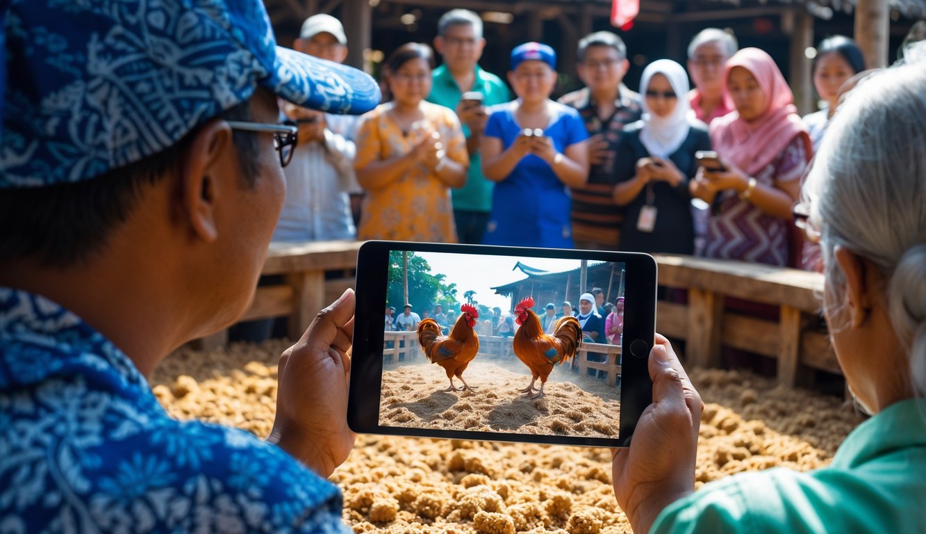 Orang-orang menonton pertandingan sabung ayam secara langsung melalui perangkat elektronik dengan suasana penuh perhatian dan semangat.