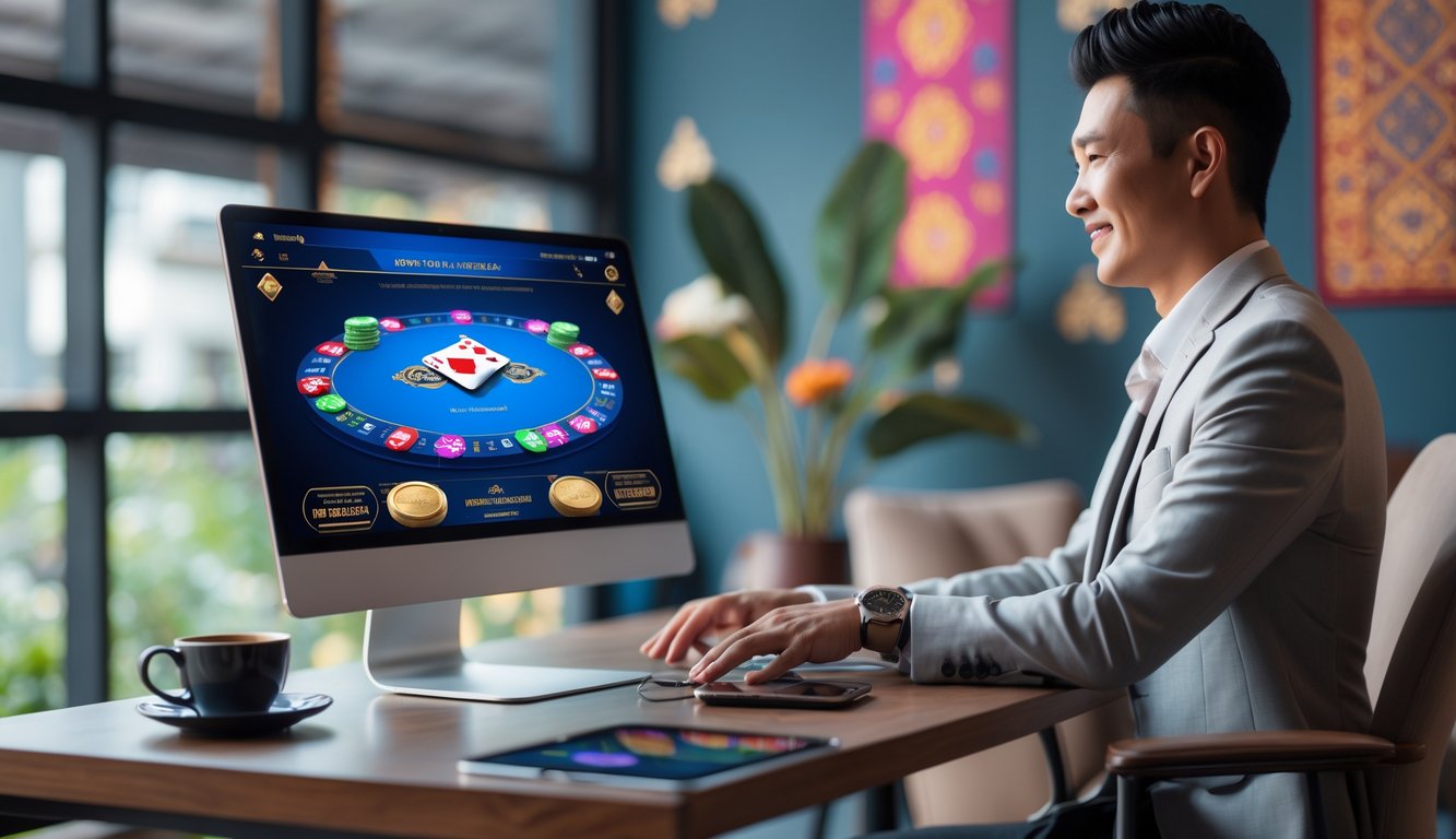 Seseorang sedang bermain poker online di depan komputer dengan chip dan kartu di meja, latar belakang menampilkan motif batik.