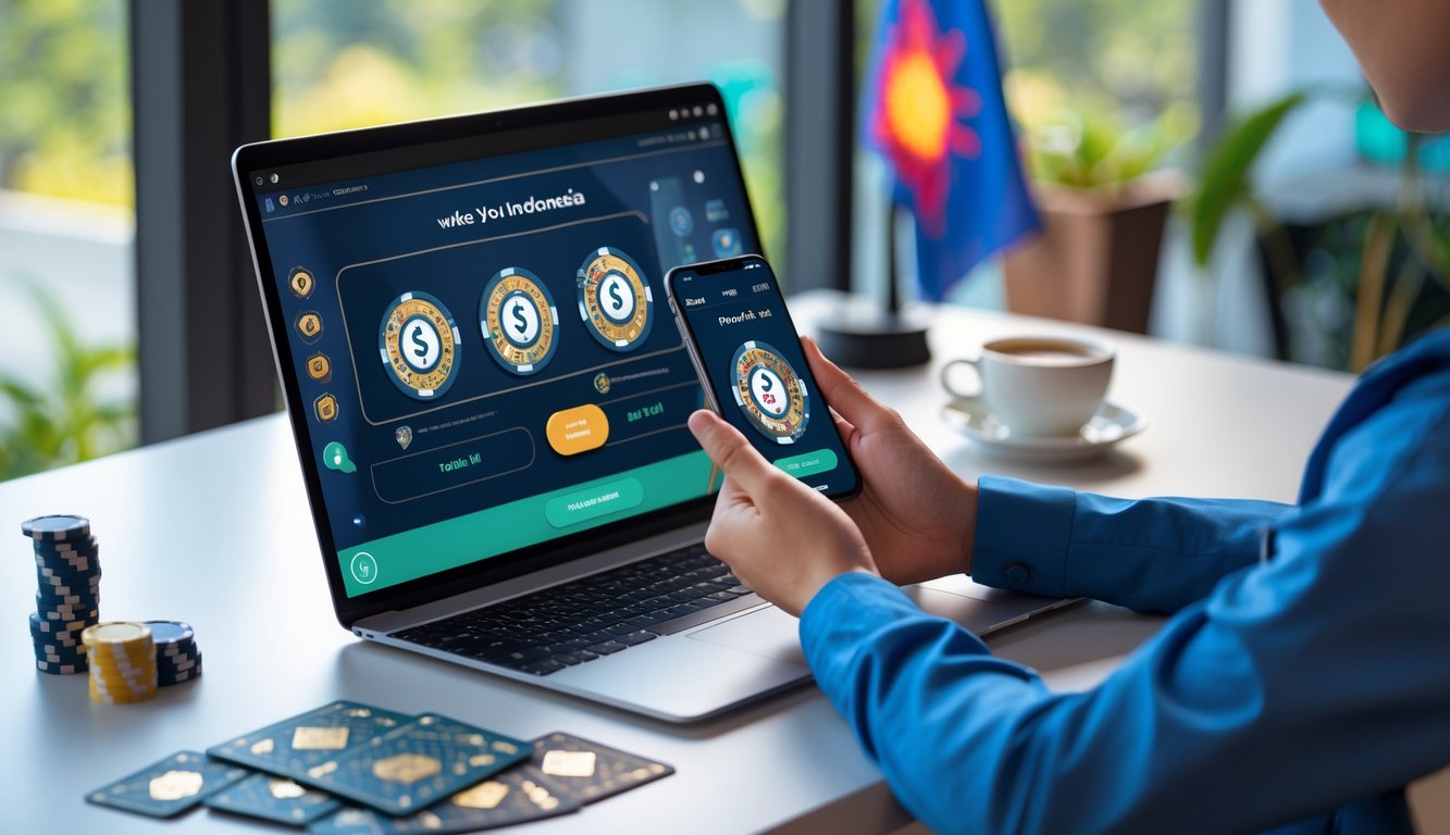 Seseorang menggunakan laptop dan ponsel di meja kerja yang rapi dengan elemen budaya Indonesia, bermain poker online dengan suasana nyaman dan aman.