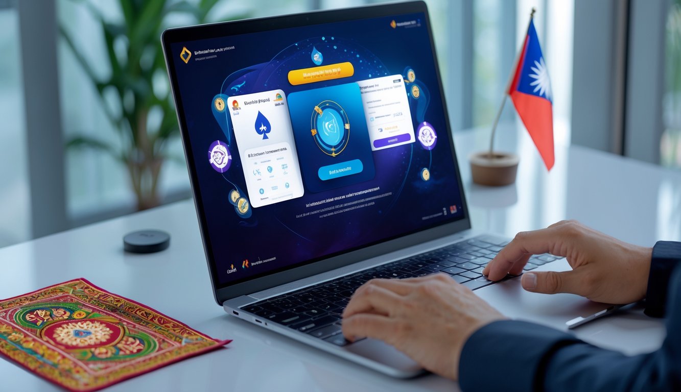 Orang menggunakan komputer untuk bermain poker online dengan latar belakang yang menunjukkan suasana aman dan resmi.