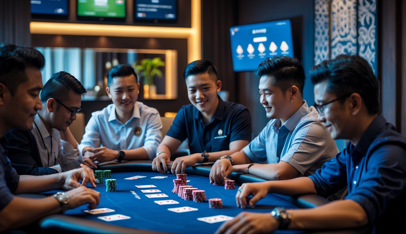 Sekelompok orang sedang bermain poker di meja dalam ruangan dengan suasana hangat dan nyaman.