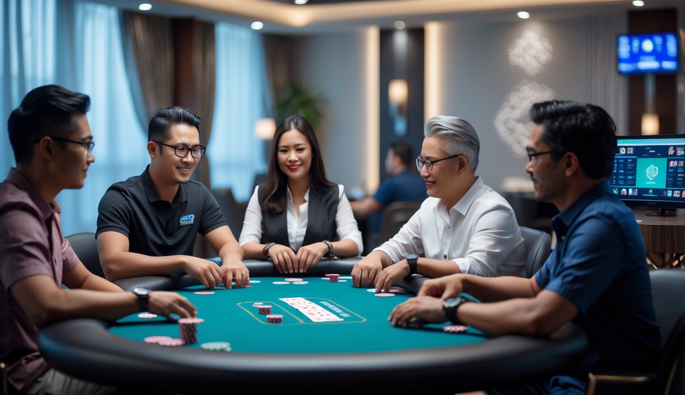 Sekelompok orang bermain poker di meja modern dengan suasana ruangan yang nyaman dan pencahayaan hangat.
