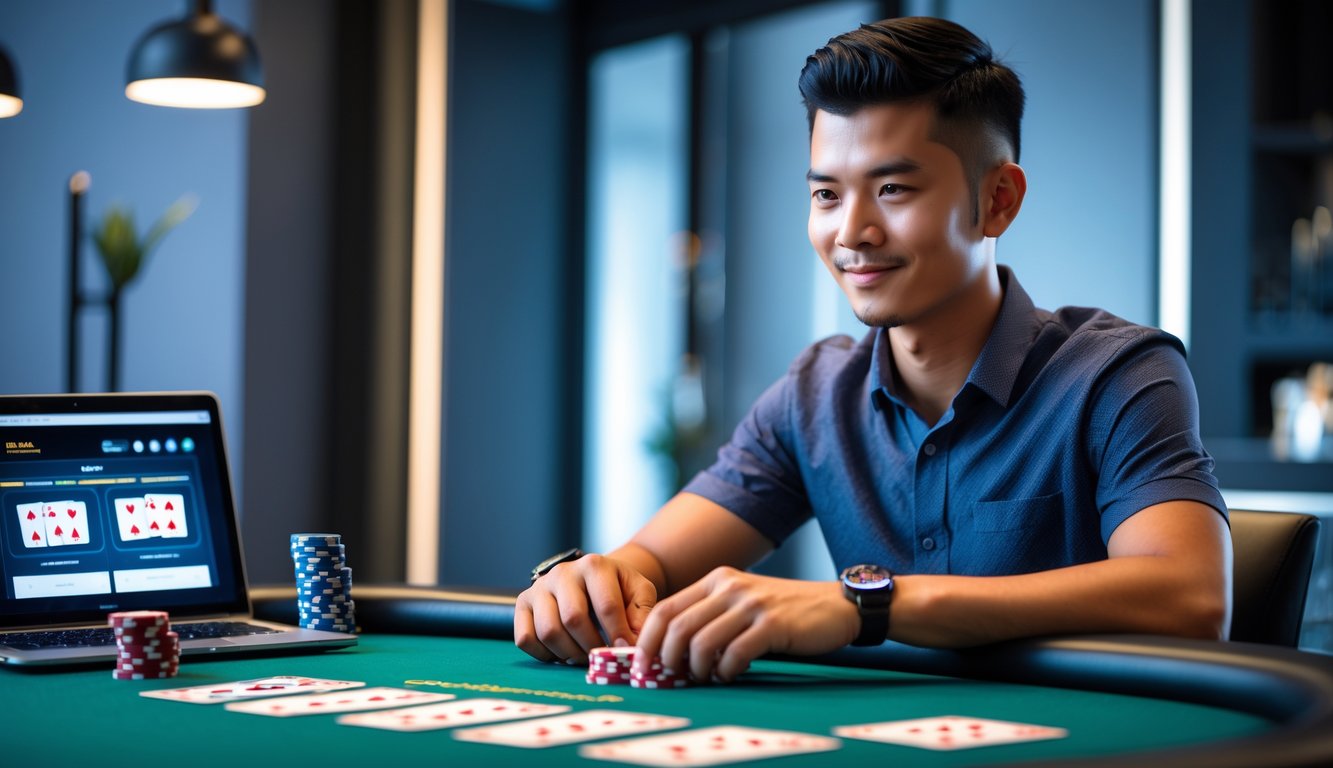 Seorang pria muda Indonesia duduk di meja poker dengan kartu dan chip poker, fokus bermain dalam suasana ruangan modern.