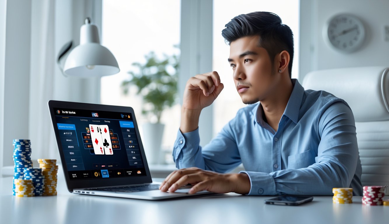 Seorang pria muda Indonesia duduk di meja dengan laptop terbuka menampilkan permainan poker, tampak fokus dan serius dalam suasana kantor rumah yang terang.