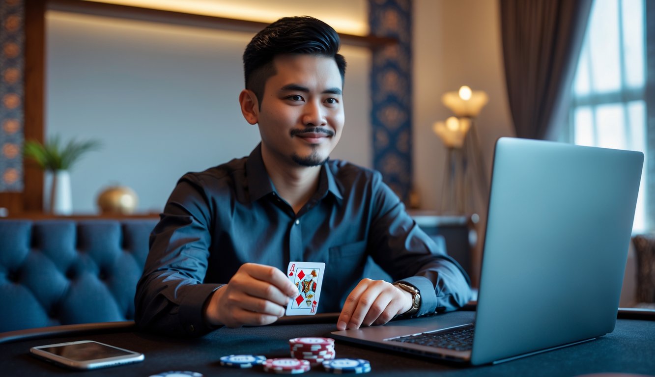 Seorang pria Indonesia duduk di meja poker modern dengan laptop dan kartu bermain, menunjukkan suasana permainan poker online yang terpercaya dan cepat.