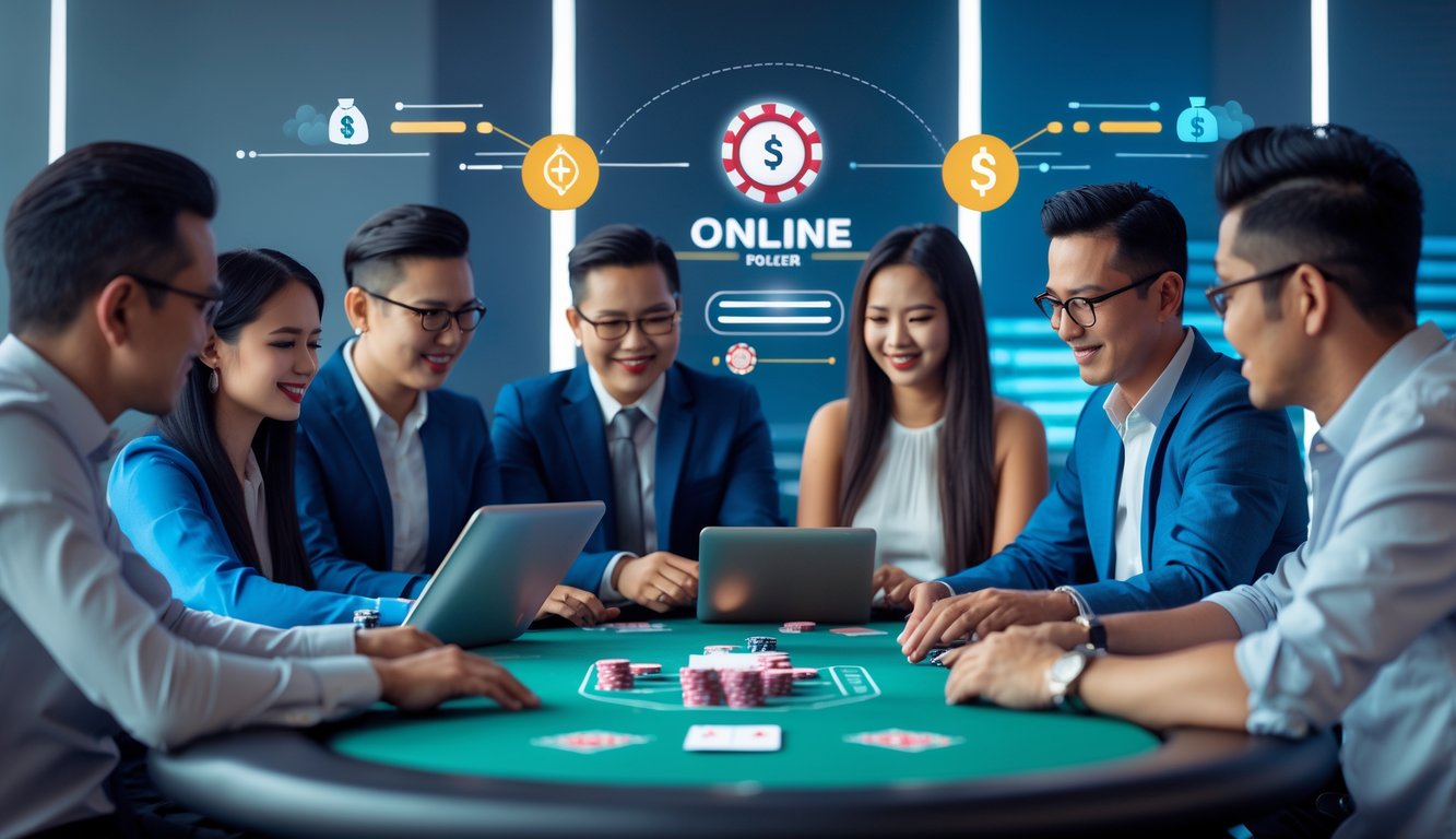 Sekelompok orang bermain poker online di meja modern dengan perangkat digital dalam ruangan terang yang menunjukkan suasana profesional dan terpercaya.