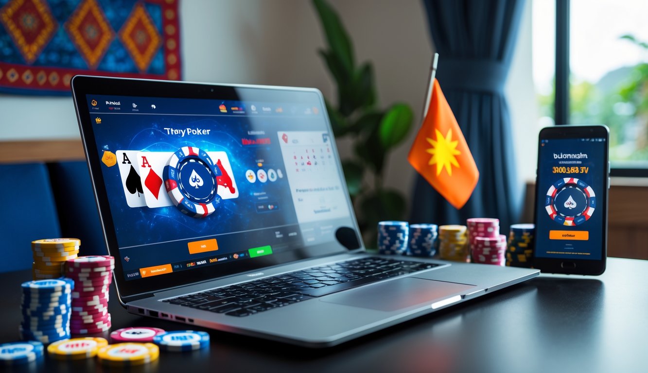 Seorang pemain poker online menggunakan laptop dan smartphone dengan tumpukan chip poker di meja, dikelilingi elemen budaya Indonesia.