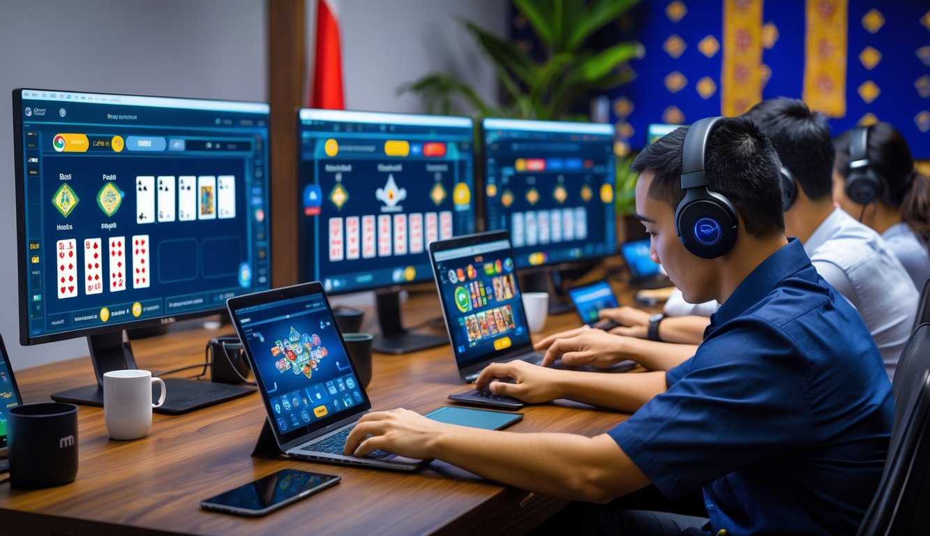 Beberapa orang sedang bermain poker online di depan komputer dan tablet di ruang kerja dengan dekorasi yang menampilkan unsur budaya Indonesia.