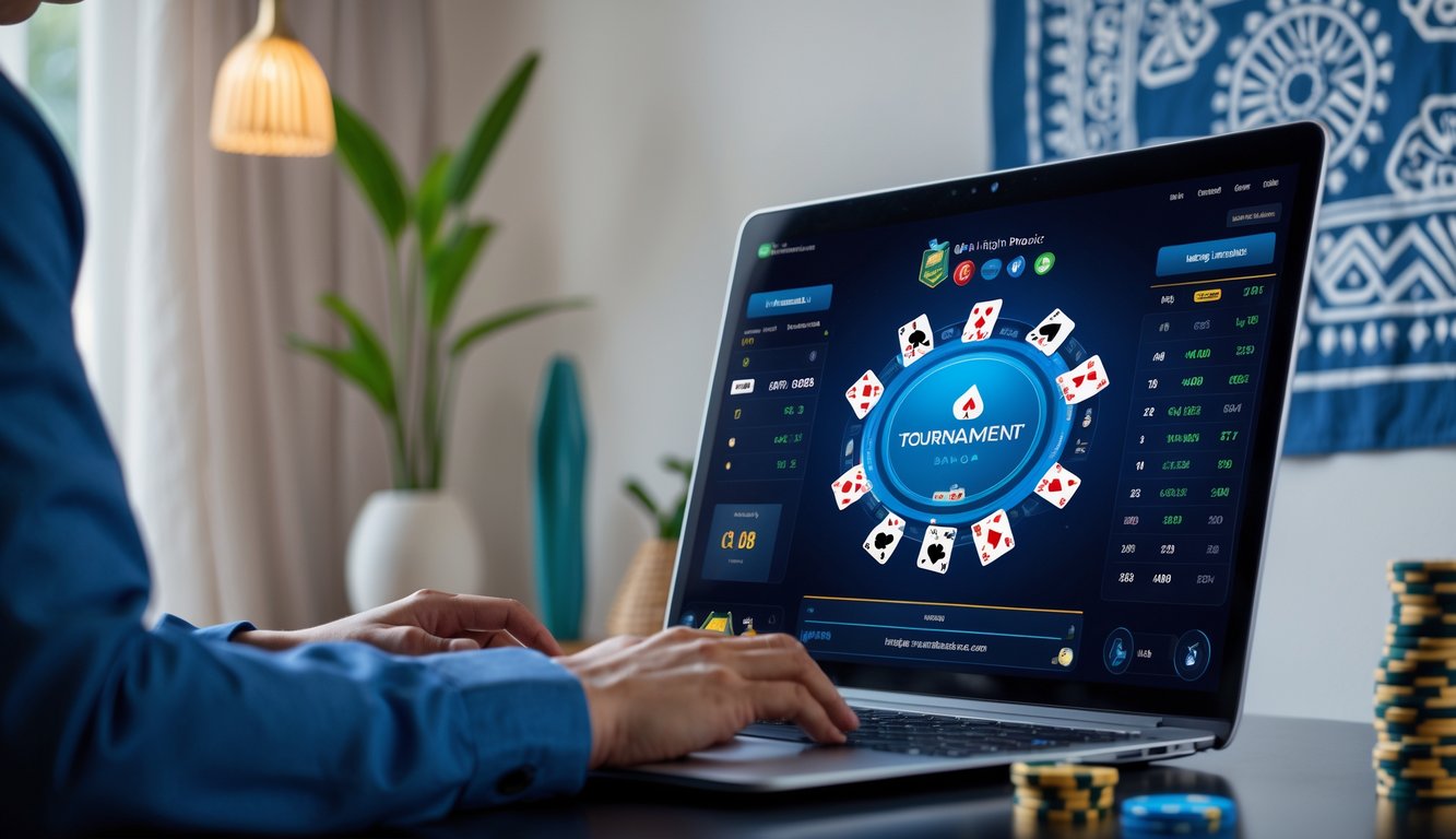 Seseorang bermain poker online di depan komputer dengan latar belakang elemen budaya Indonesia.
