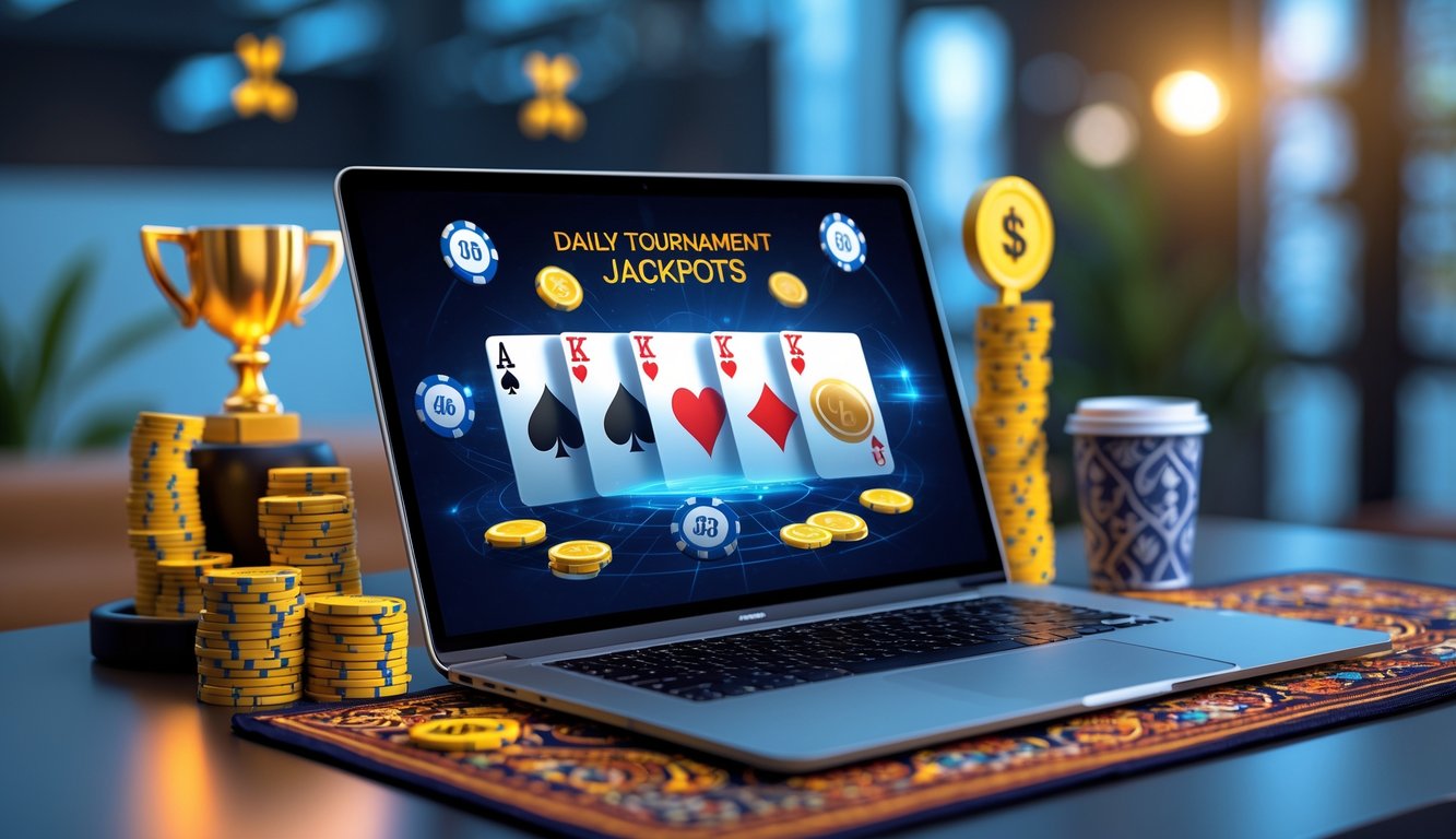 Seorang pemain duduk di depan laptop yang menampilkan permainan poker online dengan tumpukan chip dan piala di sekitar meja.