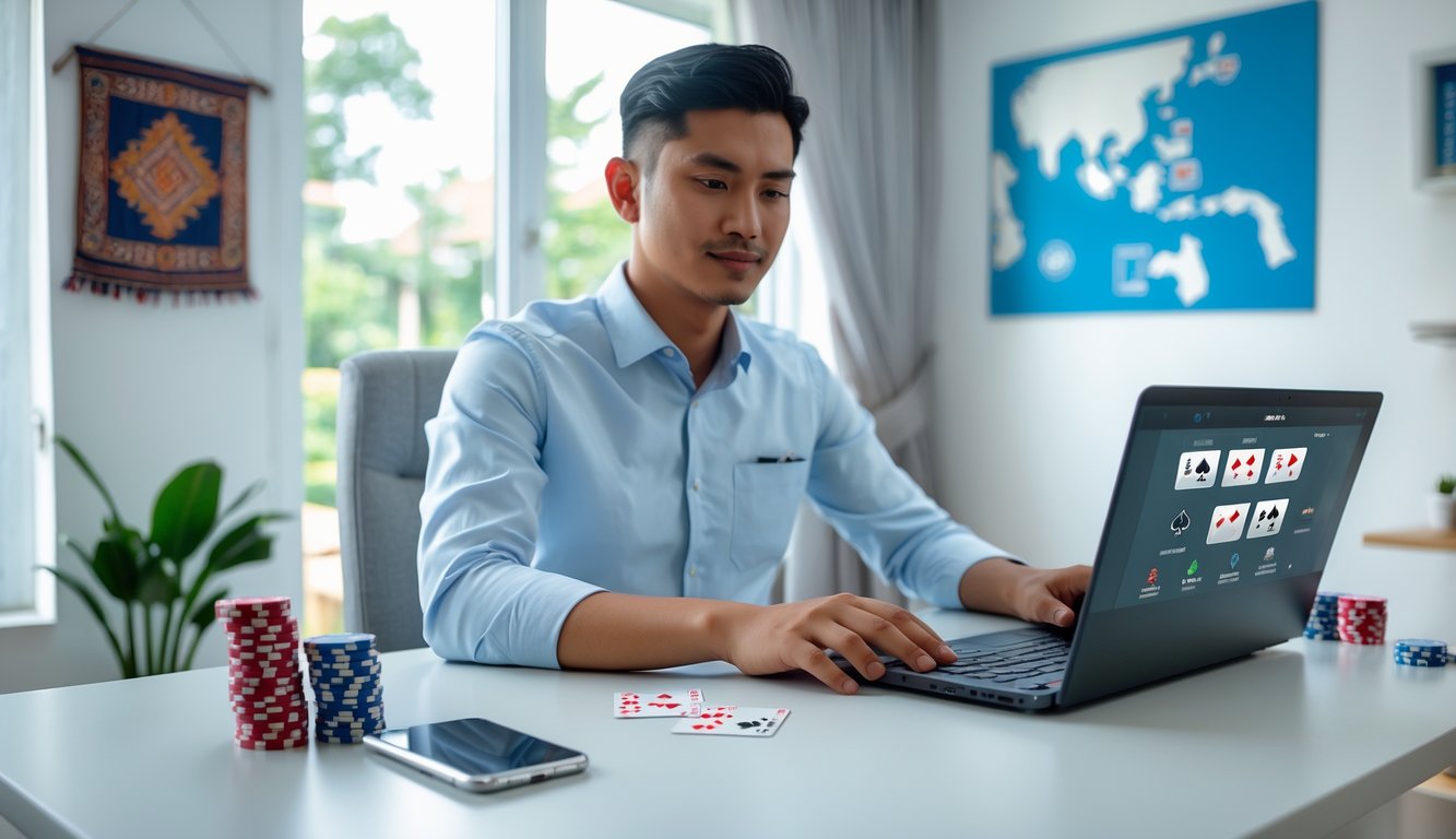 Seorang pria Indonesia sedang duduk di depan laptop di ruang kerja rumah, fokus menggunakan situs poker online dengan chip poker dan kartu di meja.