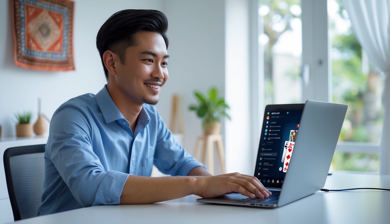 Seorang pria muda Indonesia duduk di meja dengan laptop, terlihat fokus dan tersenyum, di ruangan terang dengan dekorasi sederhana.