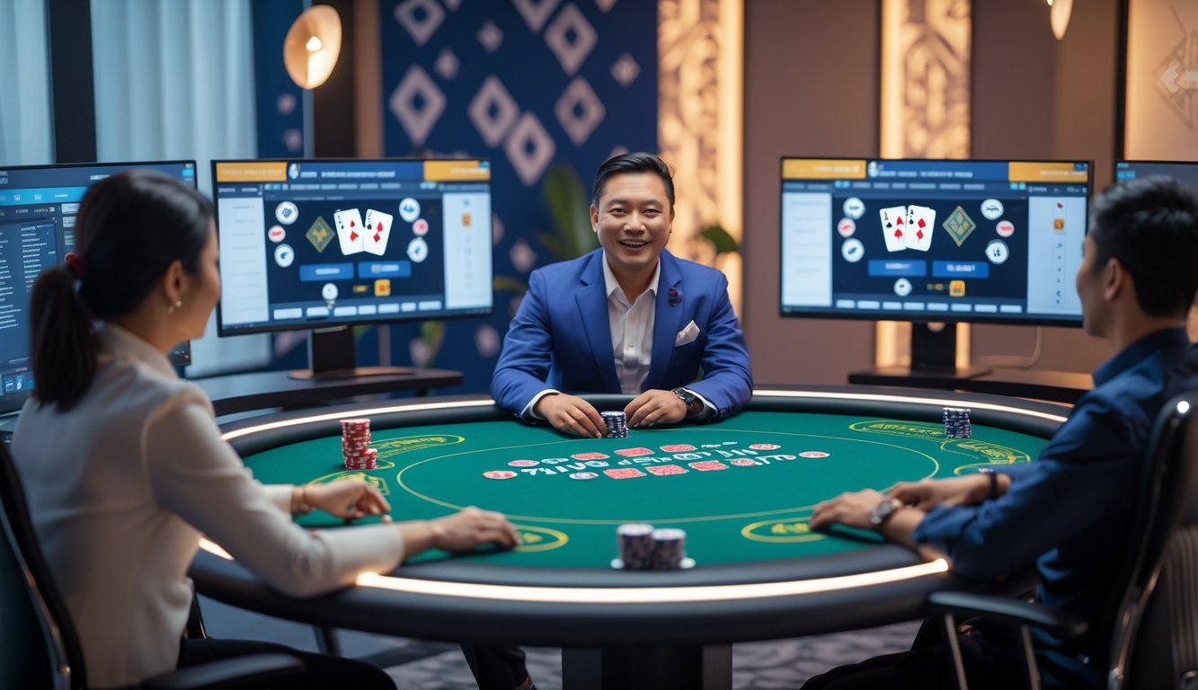 Seorang dealer poker profesional sedang bermain poker secara langsung dengan latar belakang studio yang modern dan elemen budaya Indonesia.