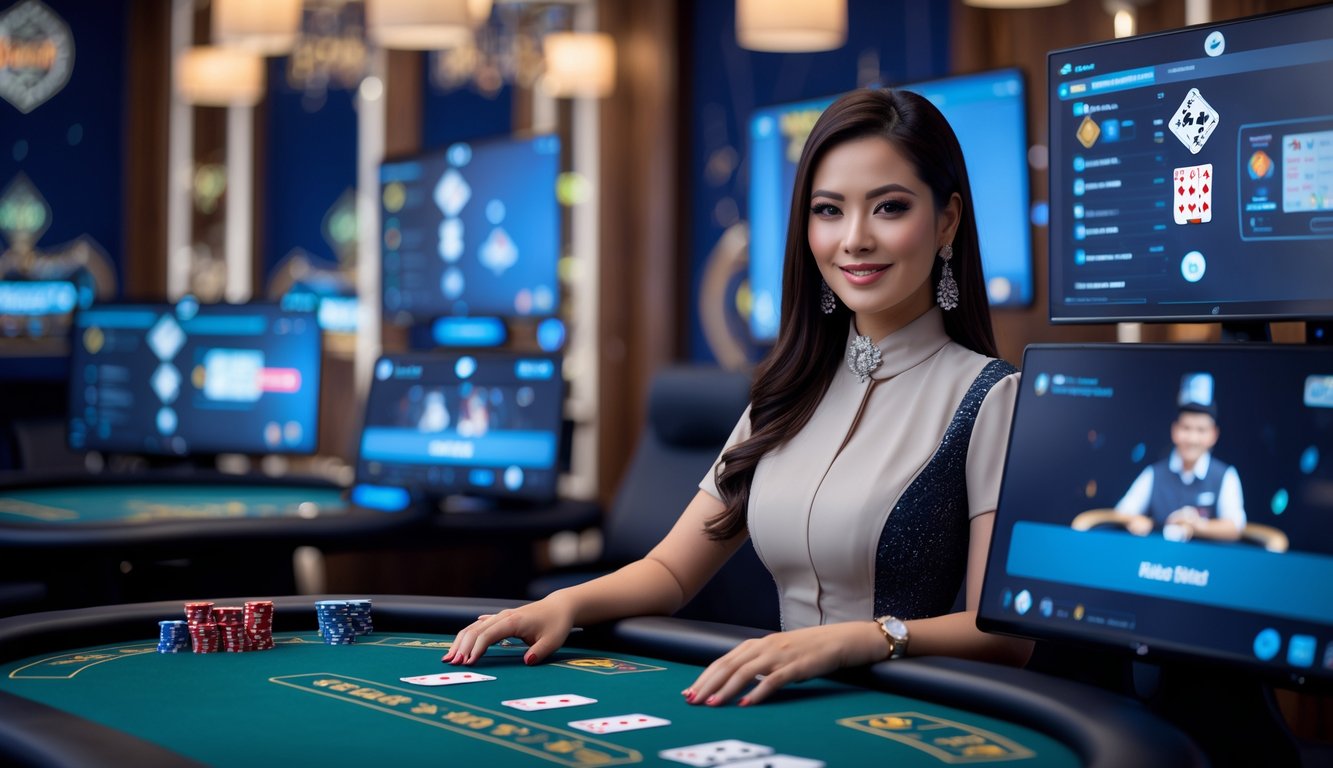 Seorang dealer poker profesional sedang duduk di meja poker dengan kartu dan chip, dikelilingi layar yang menampilkan permainan poker secara langsung.
