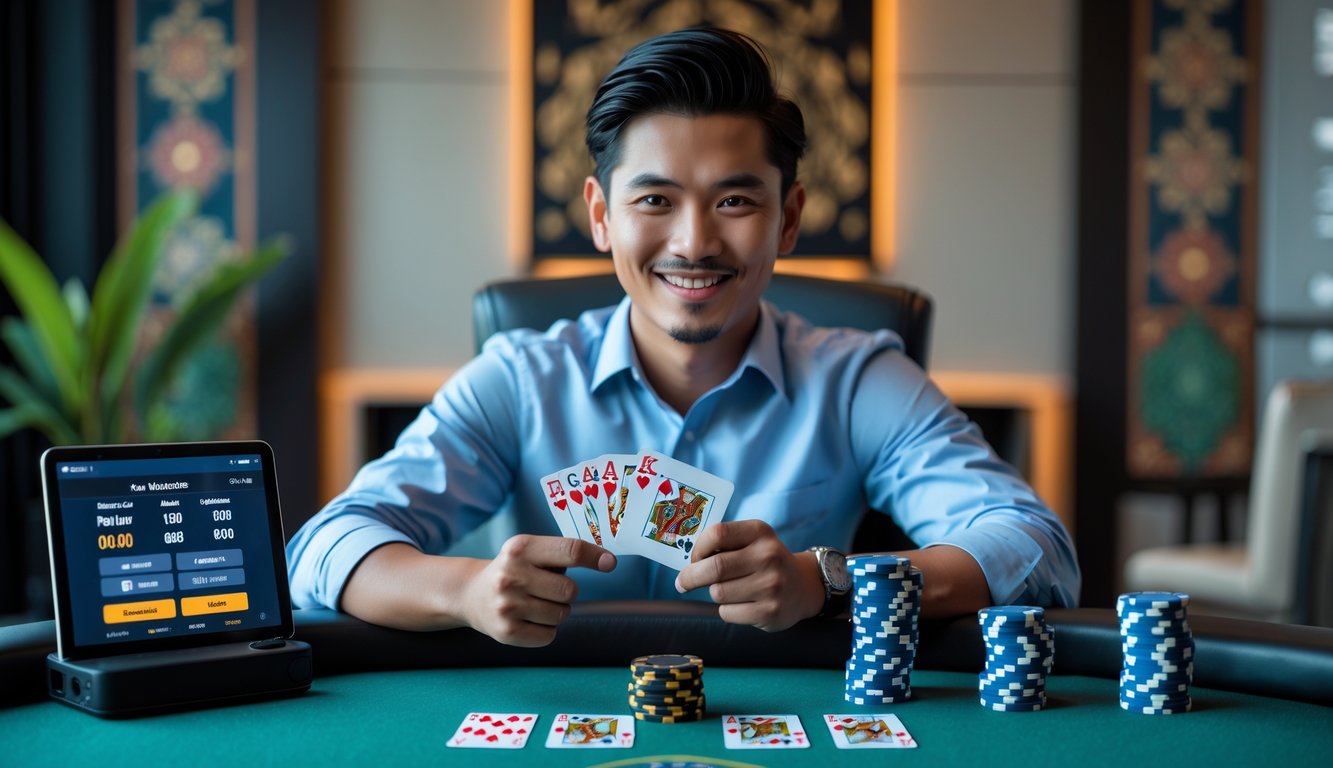 Seorang pria muda Asia Tenggara tersenyum sambil memegang kartu poker dan tumpukan chip di meja poker dalam ruangan yang nyaman.
