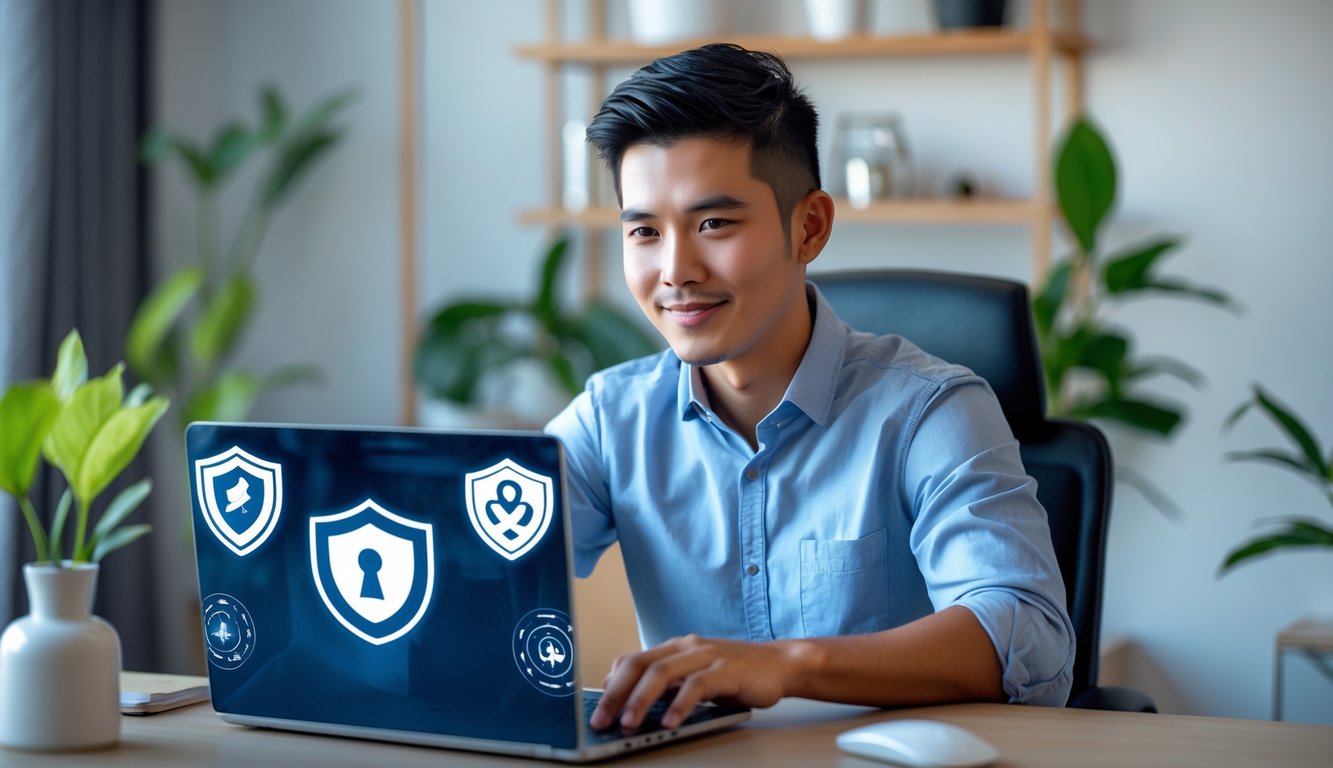 Seorang pria muda Indonesia duduk di meja dengan laptop, bermain poker online dengan ekspresi fokus dan percaya diri.