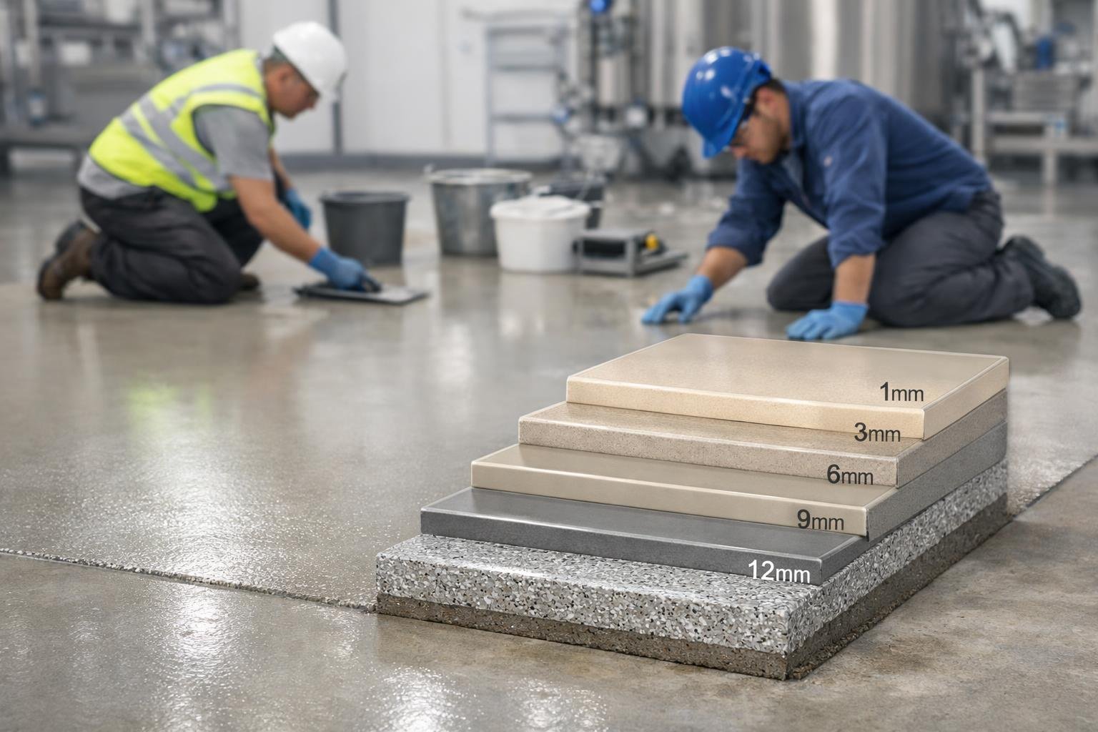 An indoor scene showing workers applying and inspecting a smooth, seamless industrial floor with layers representing different thicknesses of polyurethane mortar flooring.