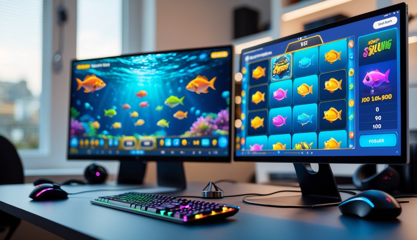 Sebuah setup gaming digital modern dengan komputer dan ponsel menampilkan permainan slot ikan online dengan latar belakang kantor rumah yang terang.