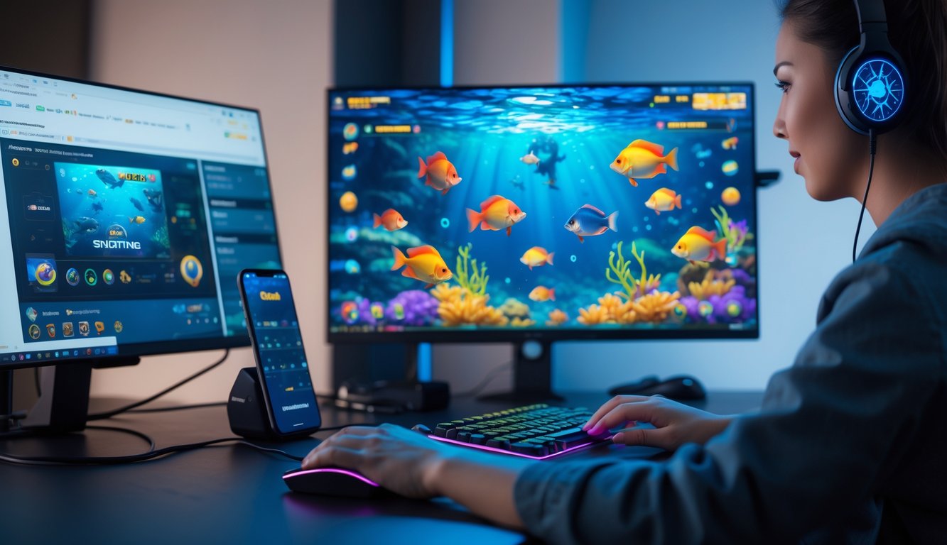 Seseorang bermain permainan judi tembak ikan online di komputer dengan layar menampilkan grafik ikan berwarna-warni.