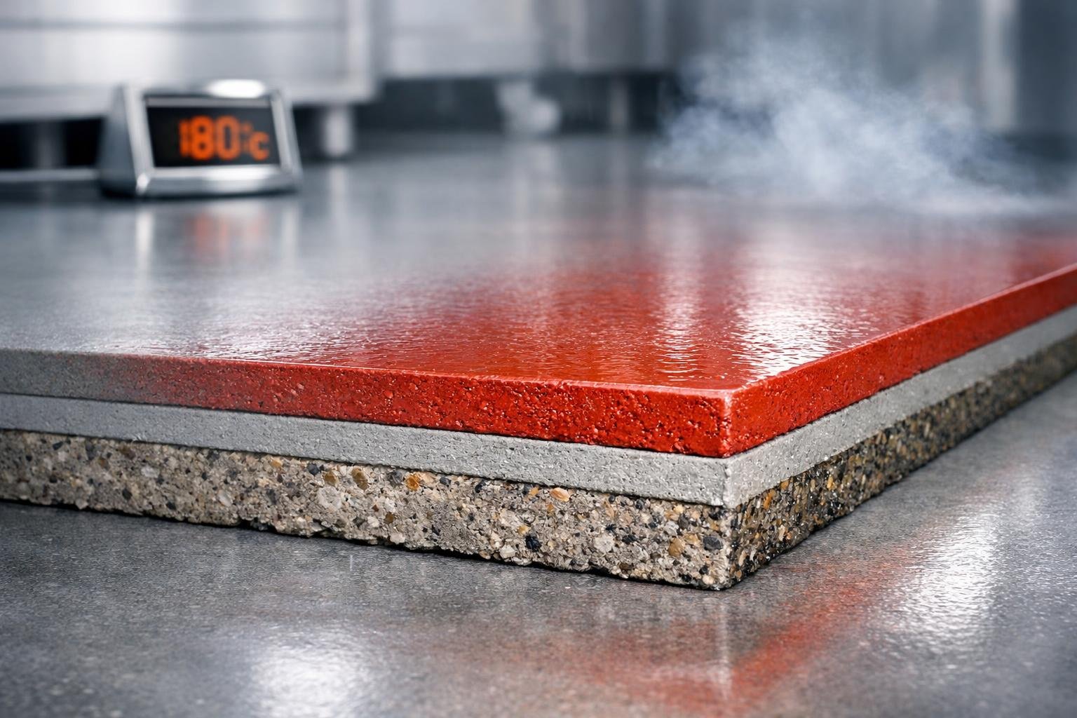 Close-up of a smooth industrial floor showing different thickness layers of polyurethane mortar flooring in a clean indoor setting with temperature indicators.