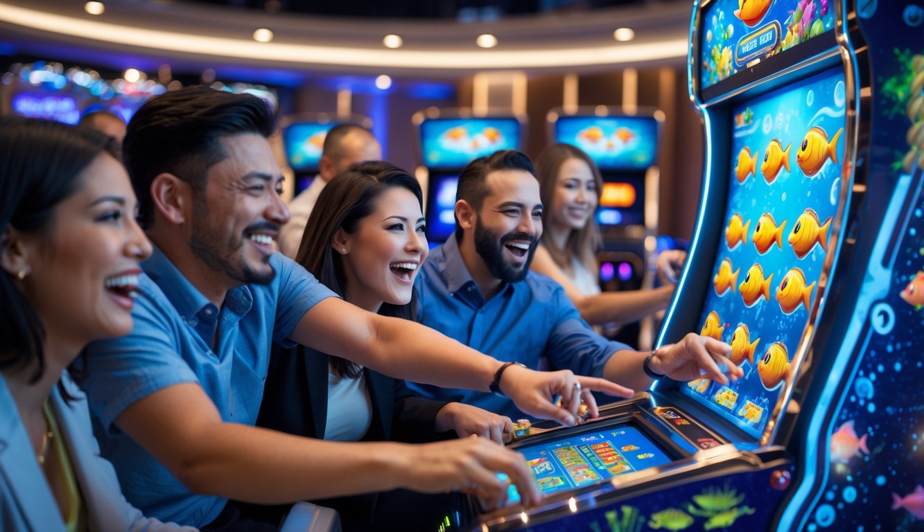 Orang-orang bermain mesin slot tembak ikan di lingkungan permainan yang cerah dan ramai.