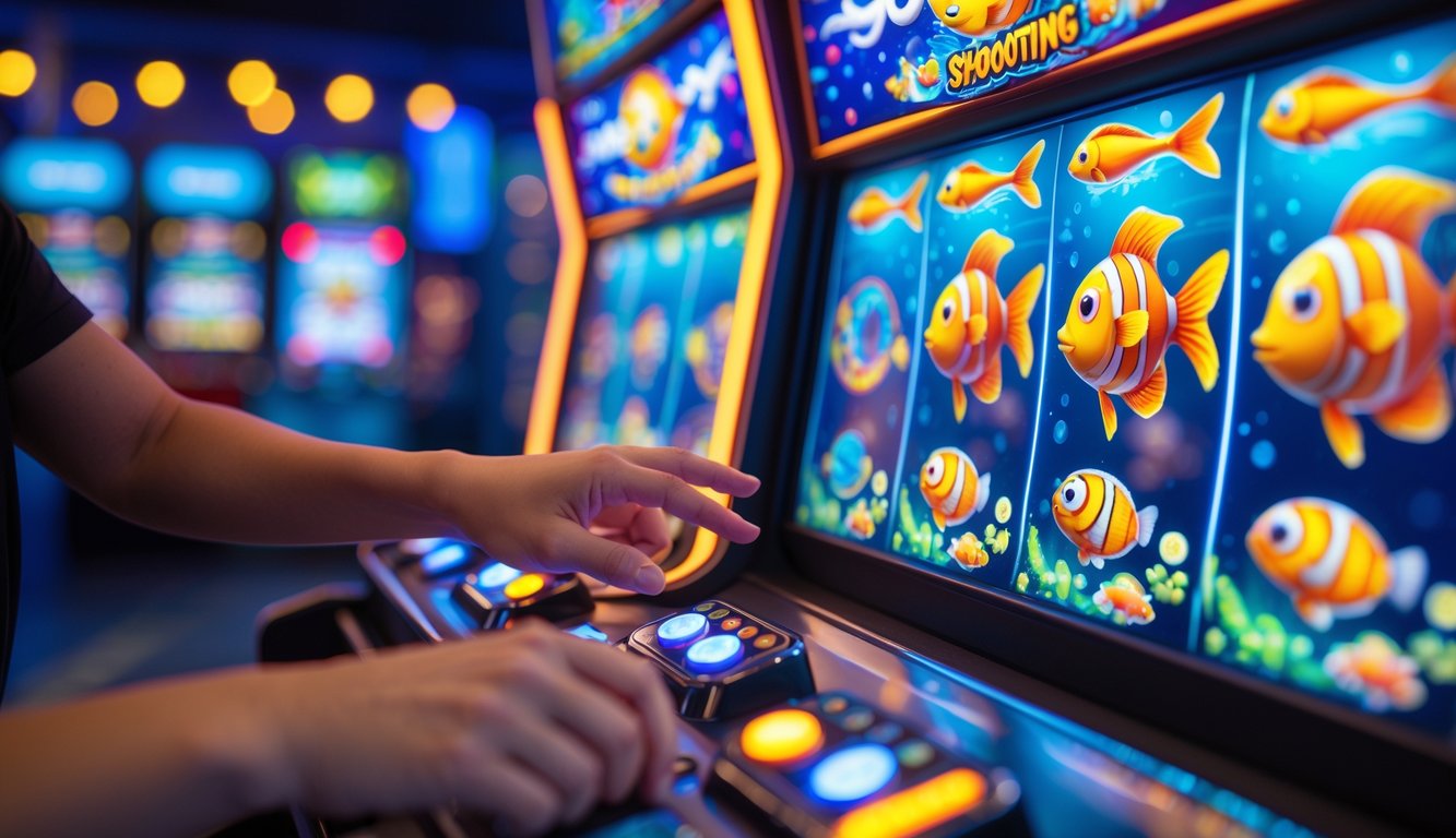 Tangan seseorang sedang bermain mesin slot tembak ikan dengan layar penuh warna dan animasi ikan di latar belakang arcade.