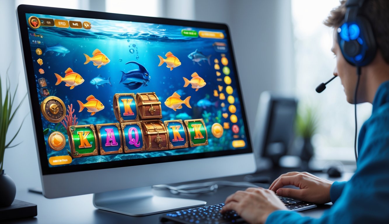 Layar komputer menampilkan permainan slot tembak ikan dengan grafik ikan berwarna-warni di bawah laut, di atas meja kerja dengan tangan pemain yang menggunakan keyboard dan mouse.