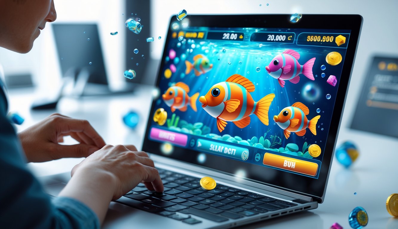 Seorang pemain sedang menggunakan komputer untuk bermain game slot tembak ikan dengan latar belakang tema bawah laut penuh warna.