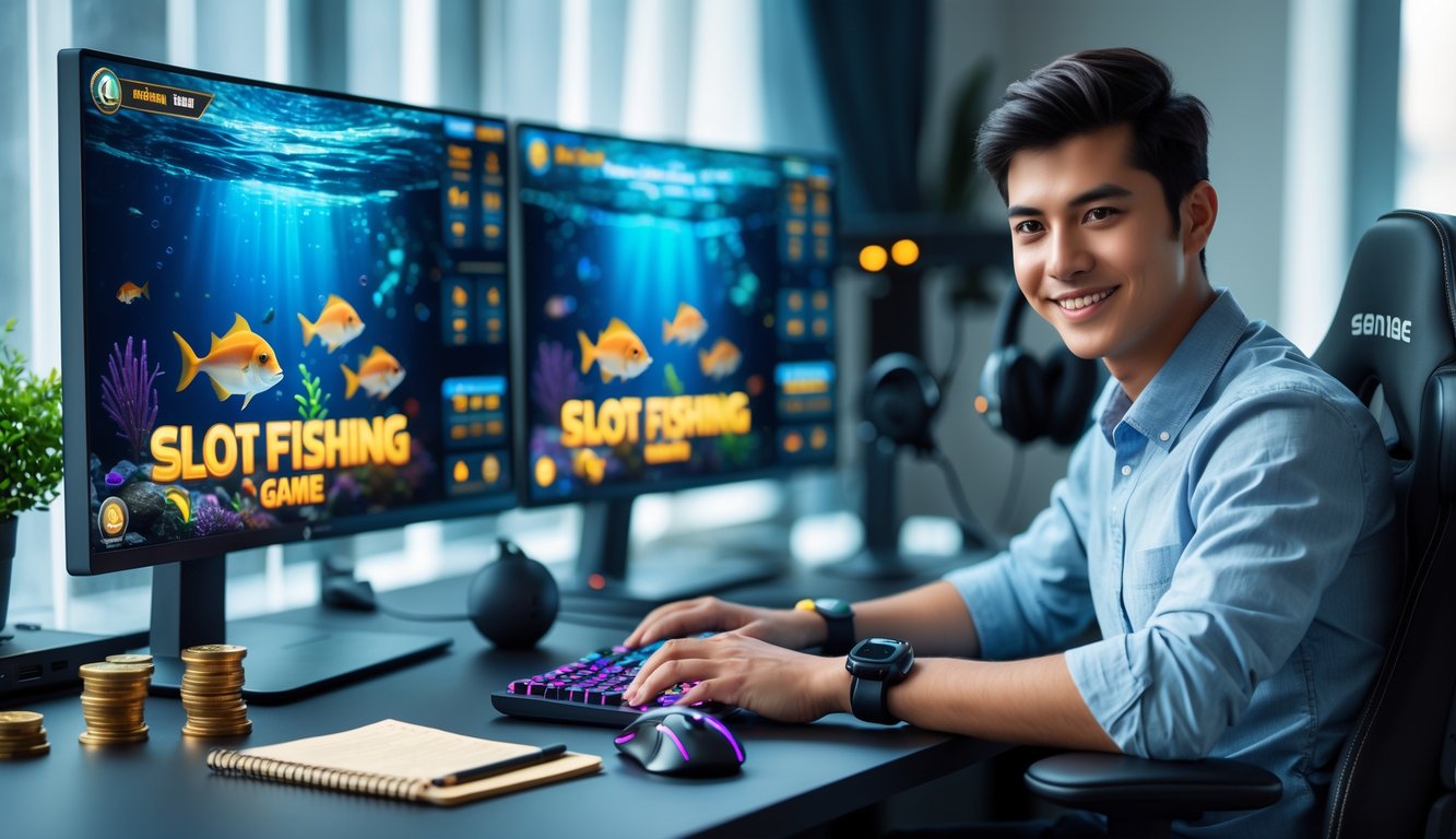 Seorang pria muda duduk di depan komputer dengan layar menampilkan permainan slot tembak ikan, terlihat fokus dan percaya diri di ruang bermain yang rapi.