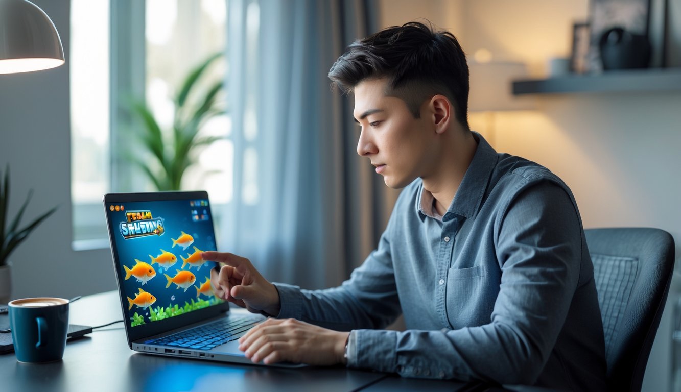 Seorang pria muda duduk di meja dengan laptop, fokus bermain permainan tembak ikan secara online di ruangan yang nyaman.