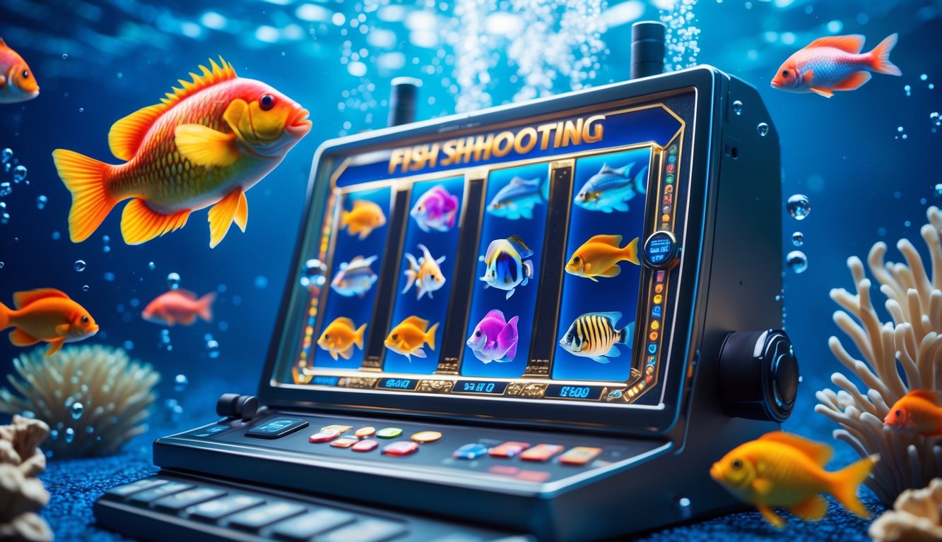 Mesin slot digital dengan ikan berwarna-warni berenang di sekitar di bawah laut yang cerah.