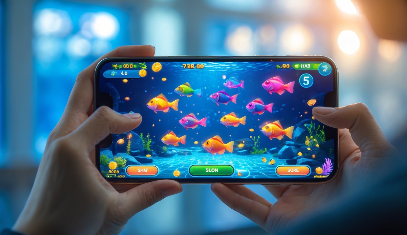 Seseorang memegang ponsel yang menampilkan permainan slot tembak ikan dengan grafis ikan berwarna-warni dalam suasana bawah laut digital.