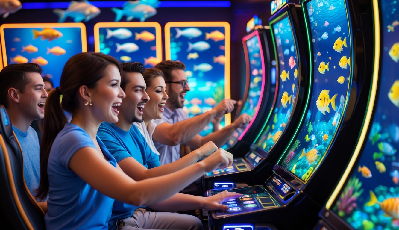 Orang-orang sedang bermain mesin judi tembak ikan di ruang permainan dengan layar warna-warni dan suasana yang ramai.