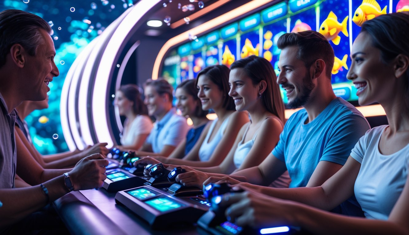 Beberapa orang dewasa sedang bermain permainan judi tembak ikan dengan layar menampilkan ikan berwarna-warni dan simbol slot di latar bawah laut.