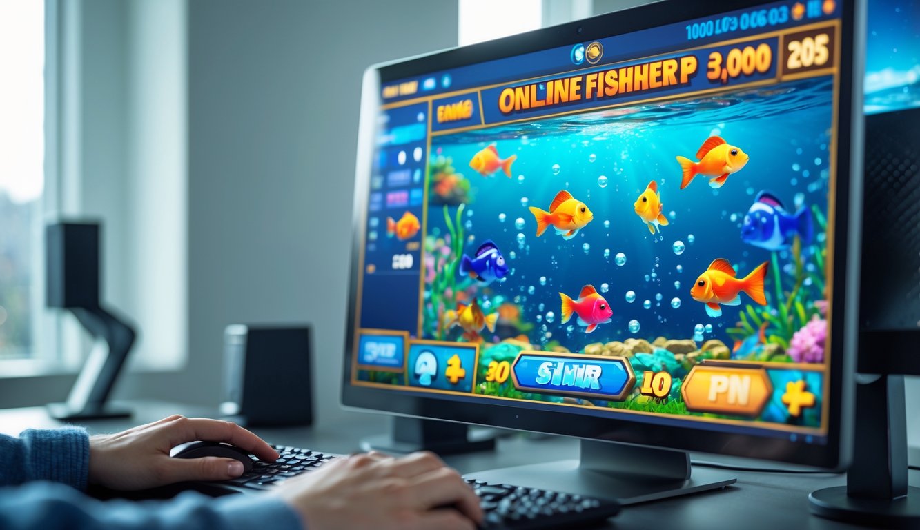 Tampilan layar komputer menunjukkan permainan slot tembak ikan dengan tangan seseorang yang sedang bermain di lingkungan ruangan yang rapi.