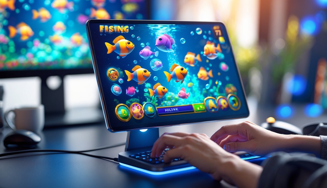 Seorang pemain sedang menggunakan perangkat digital dengan tampilan permainan tembak ikan online yang penuh warna dan animasi ikan di layar.