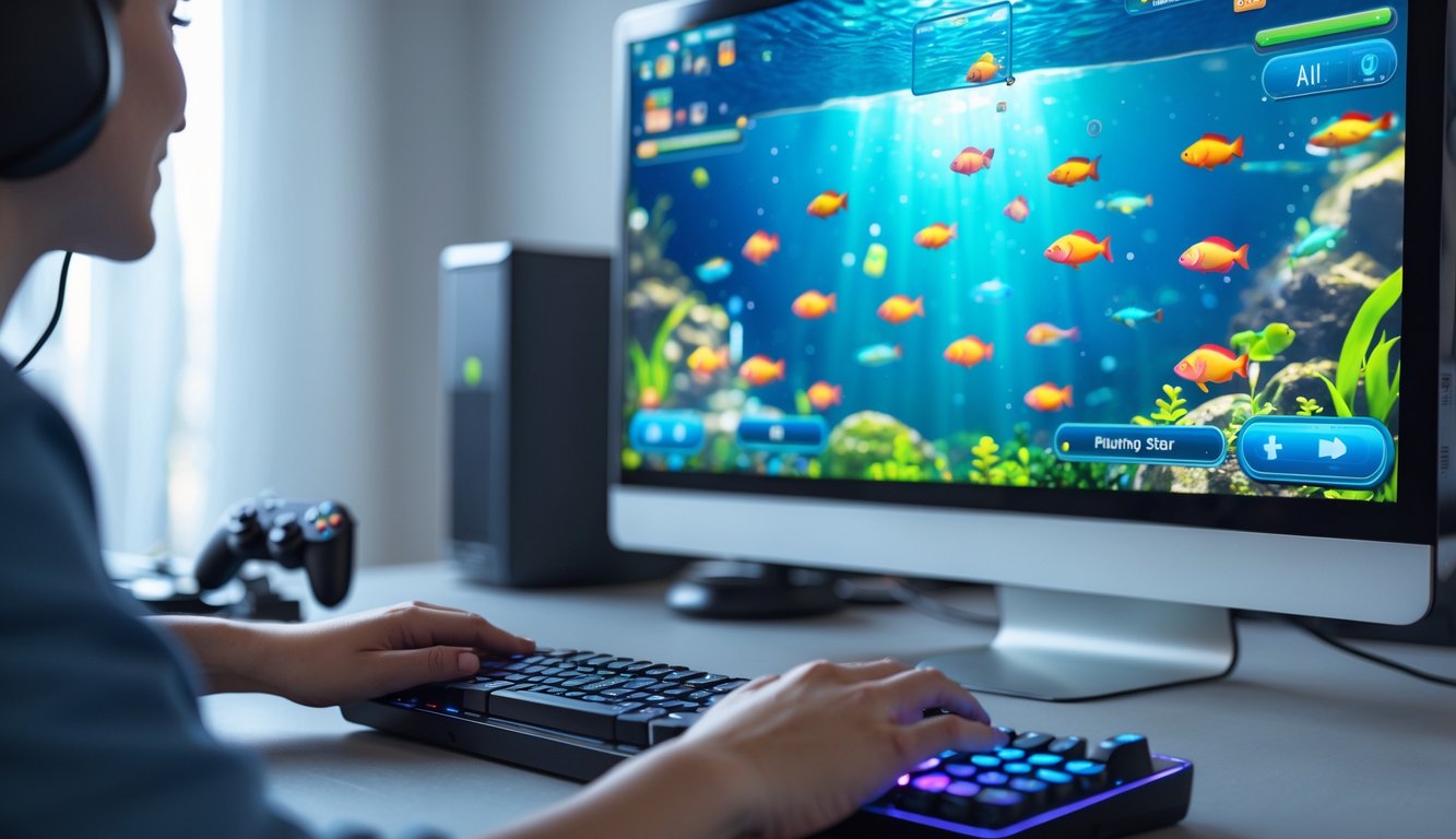 Seseorang bermain game tembak ikan online dengan layar komputer yang menampilkan ikan berwarna-warni di bawah air.