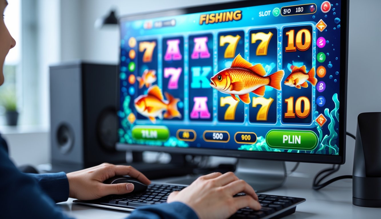 Seseorang menggunakan komputer dengan permainan slot tembak ikan online yang berwarna-warni di layar.