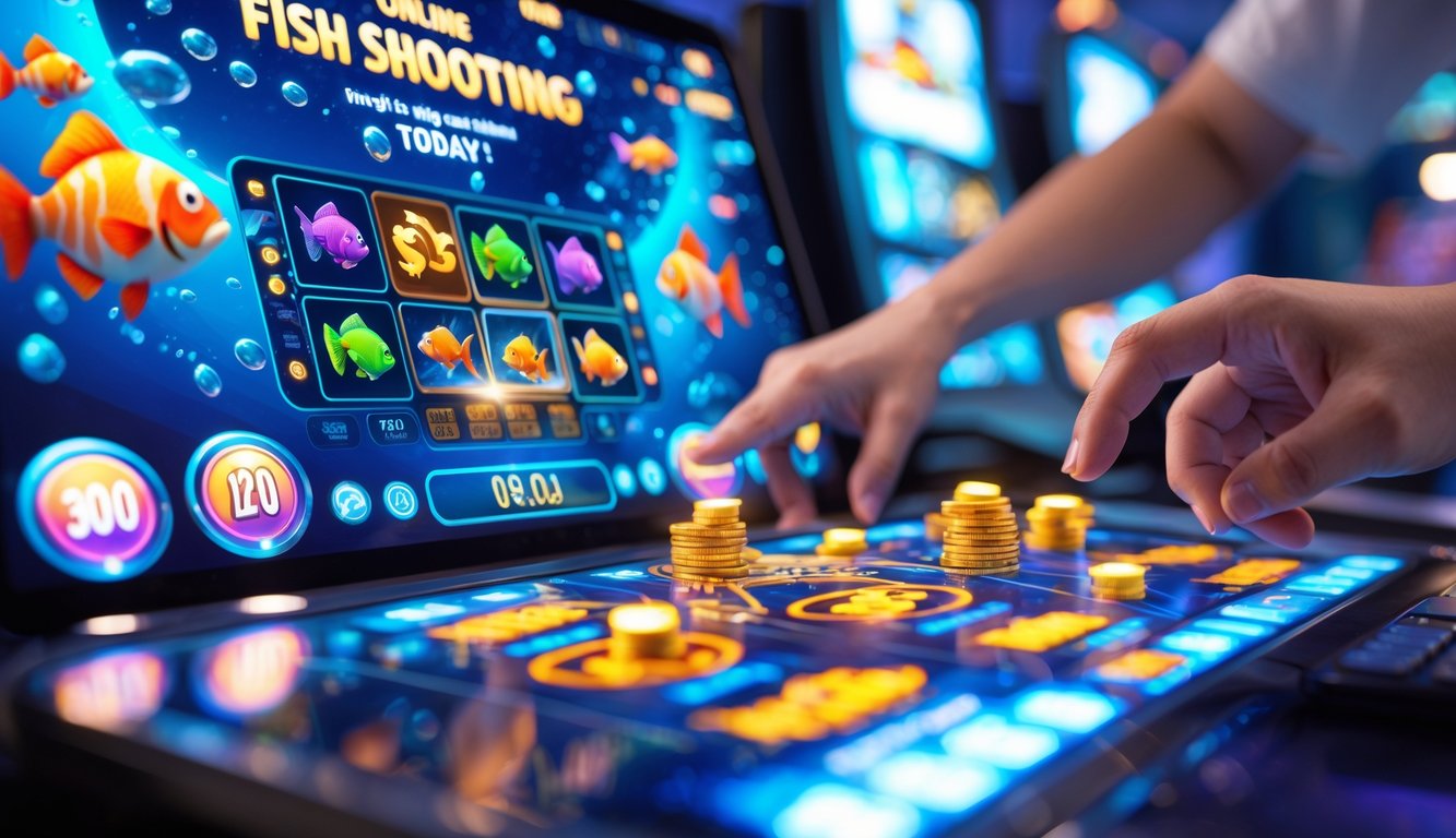 Seseorang sedang bermain game tembak ikan online dengan tampilan layar penuh ikan warna-warni dan indikator jackpot.