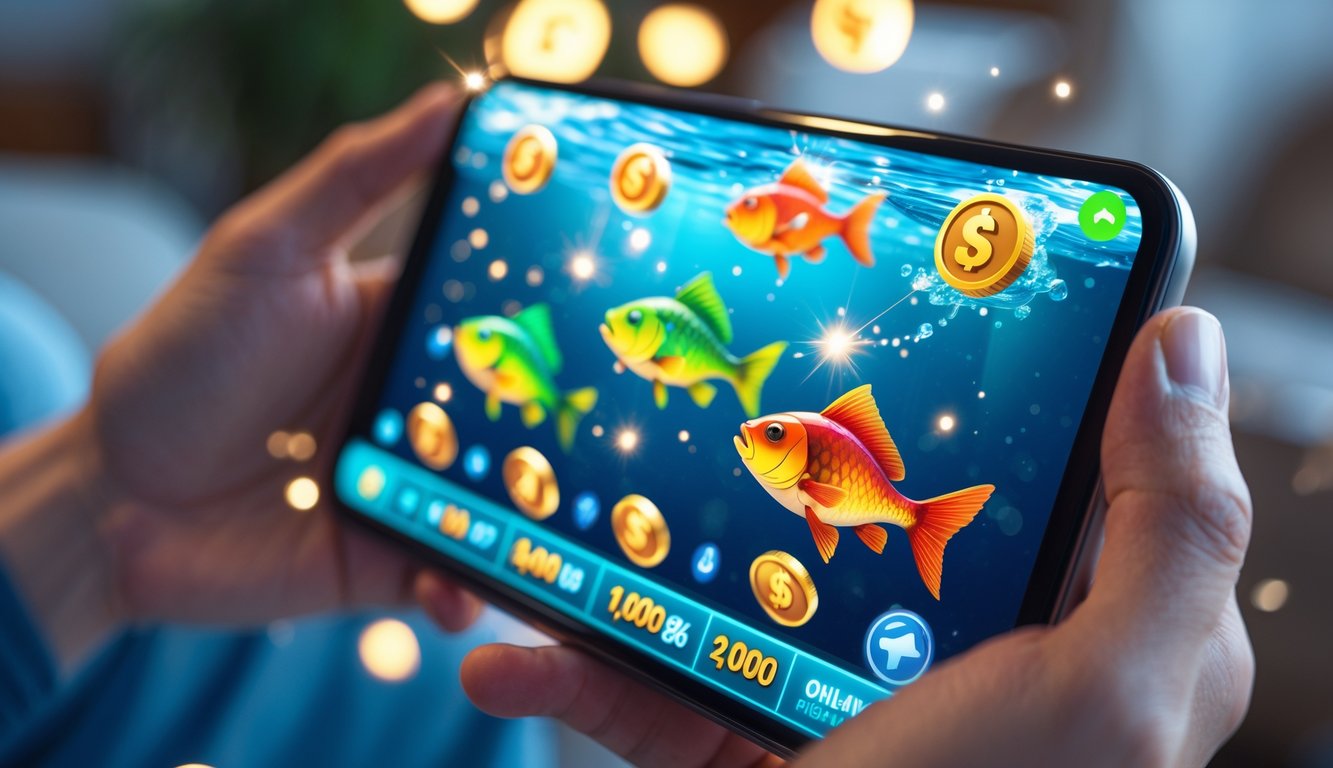 Seseorang memegang ponsel yang menampilkan permainan slot tembak ikan online dengan gambar ikan berwarna-warni dan simbol jackpot.
