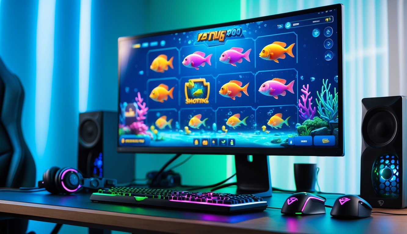Sebuah meja kerja dengan komputer menampilkan permainan slot tembak ikan online dengan tema bawah laut yang cerah dan berwarna-warni.